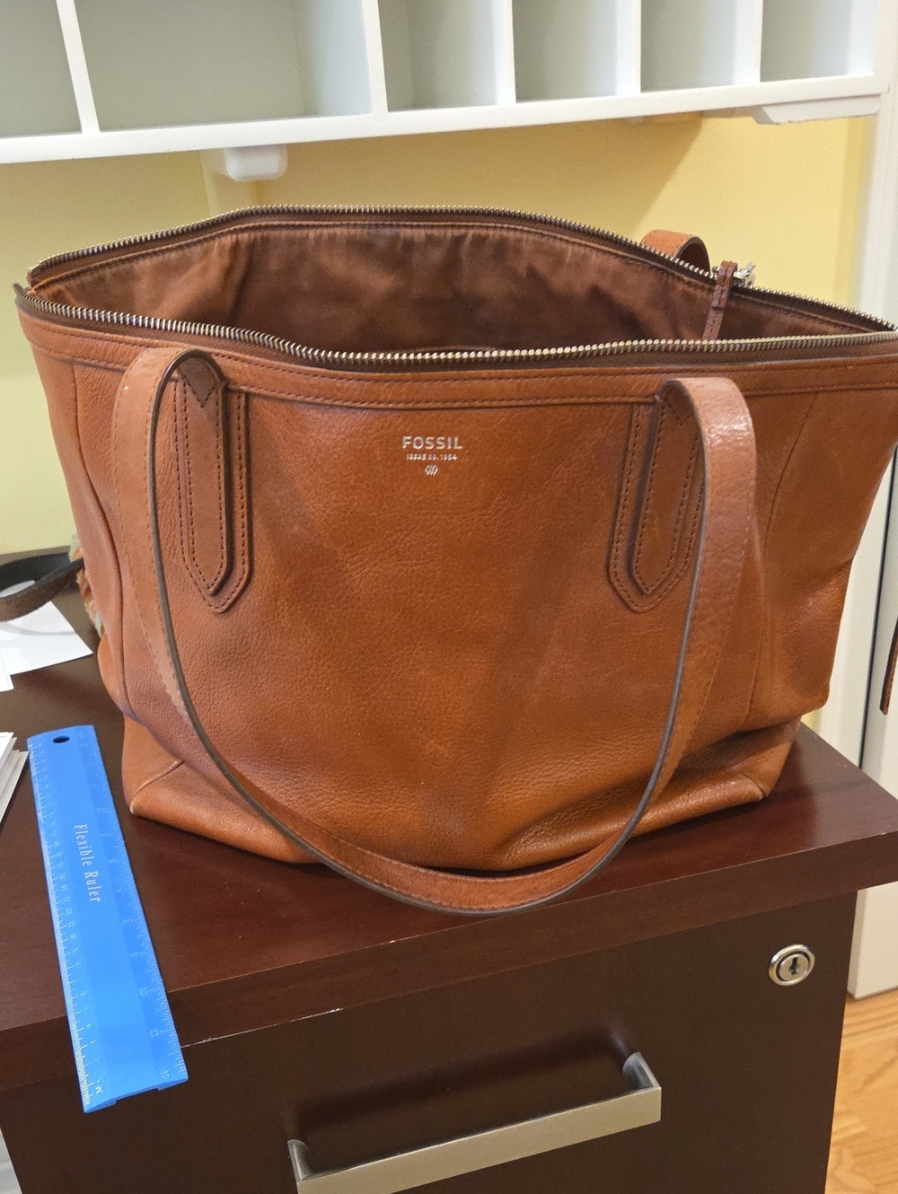 Fossil Cognac Leather Zip-Top Tote